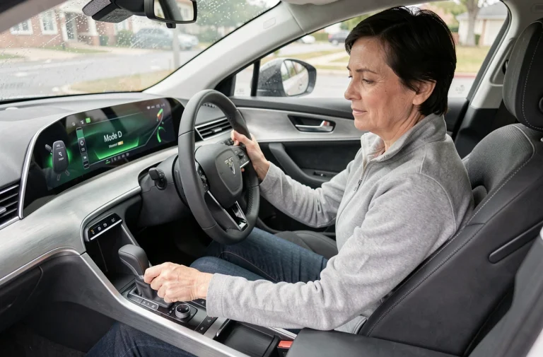 Conductrice en voiture électrique sélectionnant le mode de conduite D sur le tableau de bord numérique avec indicateur de freinage régénératif