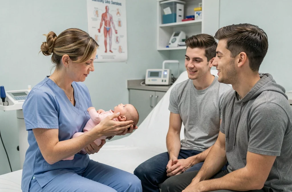 Infirmière pédiatrique expliquant à de jeunes parents comment tenir correctement leur bébé lors d'une consultation