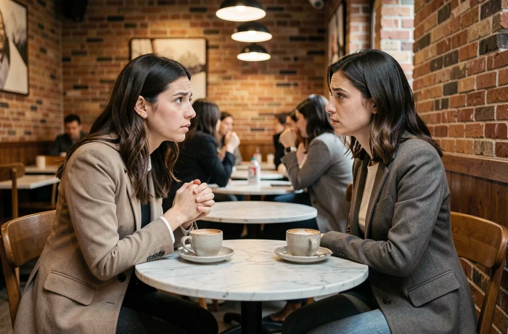 Deux amies discutant en face à face dans un café, l'une s'excusant avec tact de ne pas pouvoir assister au mariage de l'autre