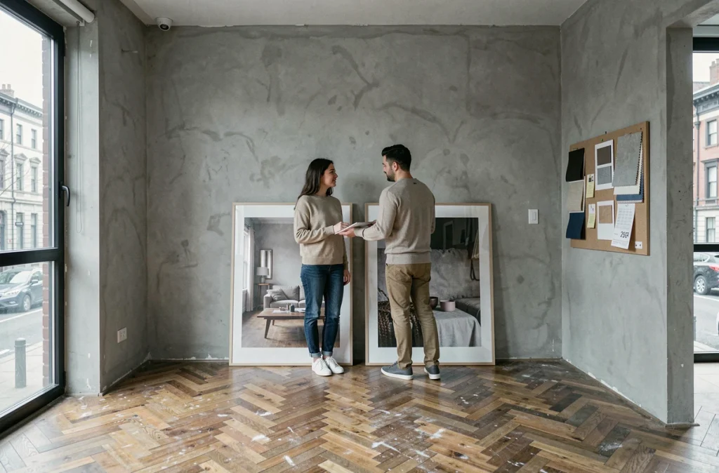 Couple comparant des œuvres d'art dans un salon non meublé lors de la planification d'un budget de décoration intérieure personnalisée