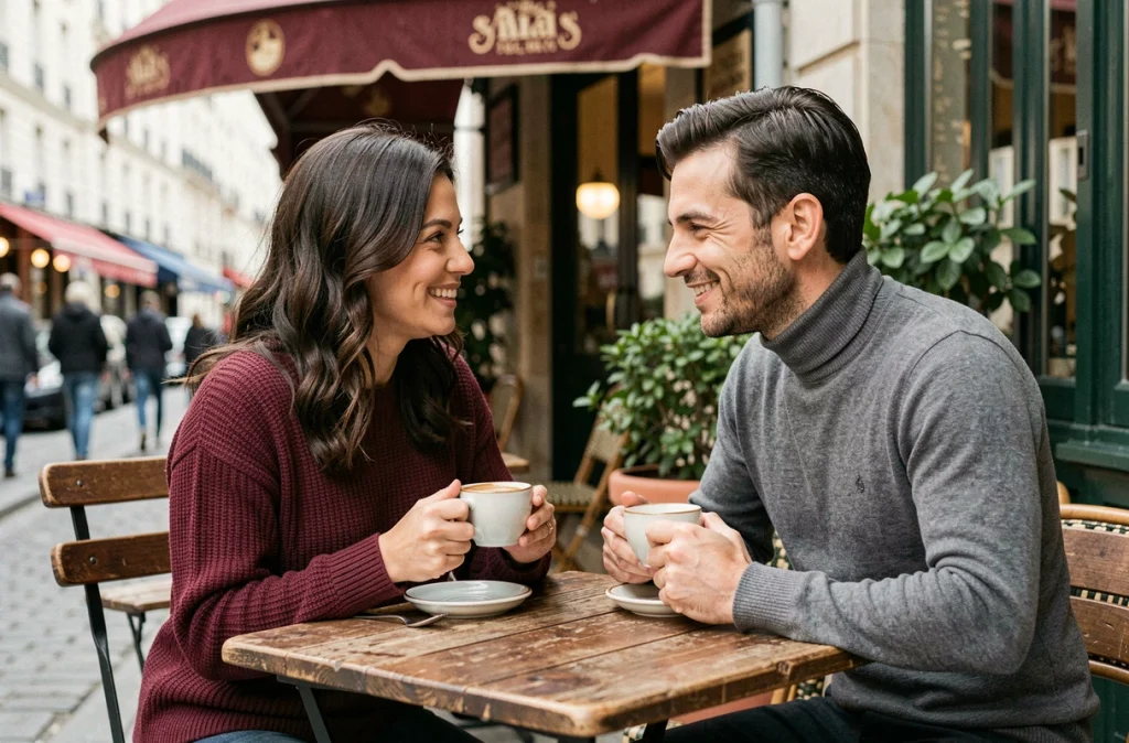 Couple complice partageant un café en terrasse parisienne, symbole de leur romance authentique et de leur vie à deux