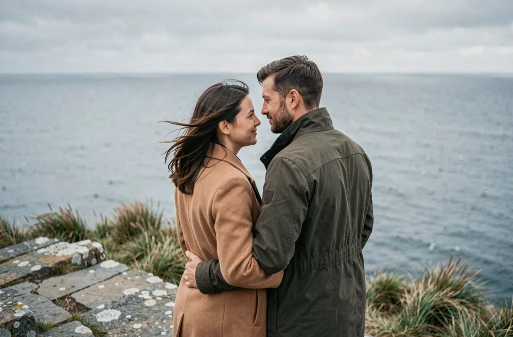 Couple romantique contemplant l'horizon depuis une falaise côtière, image poétique de leur histoire d'amour confirmée
