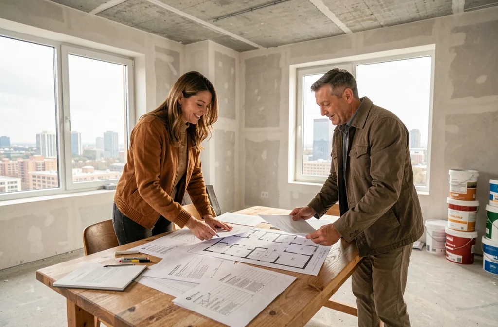 Couple examinant des plans d'appartement dans un logement neuf, actualités immobilières 2024