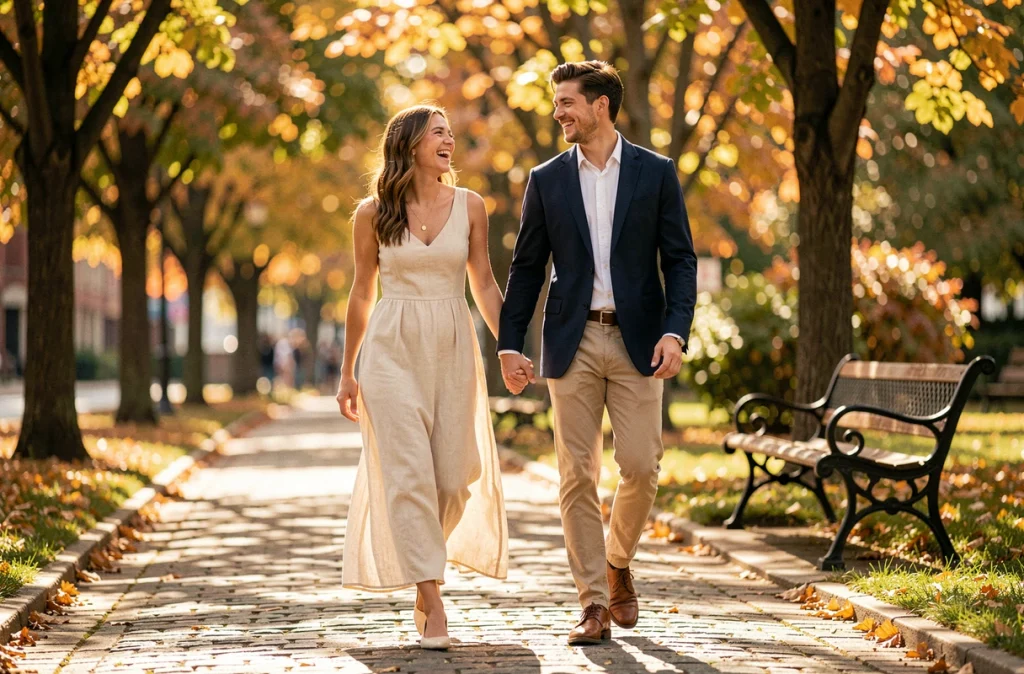 Couple amoureux se promenant main dans la main dans un parc en automne, illustrant une belle histoire d'amour
