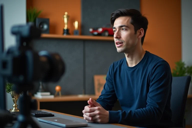 Créateur de contenu automobile filmant une vidéo YouTube dans un studio maison avec modèles réduits en arrière-plan