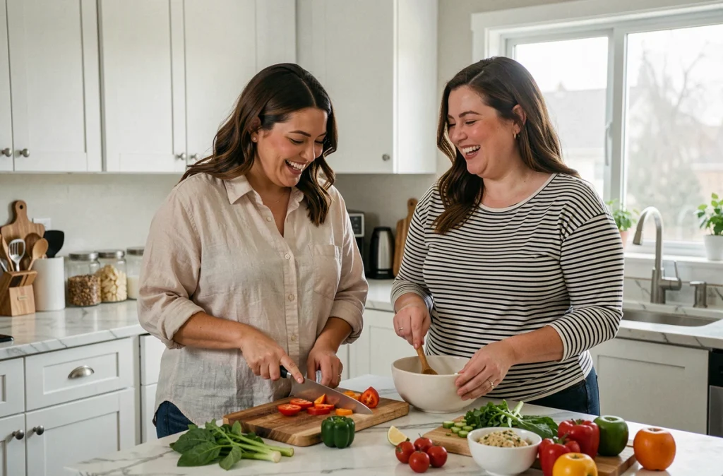 Deux femmes adultes préparant ensemble un repas sain dans une cuisine moderne, illustrant un mode de vie sain et une transformation de vie positive