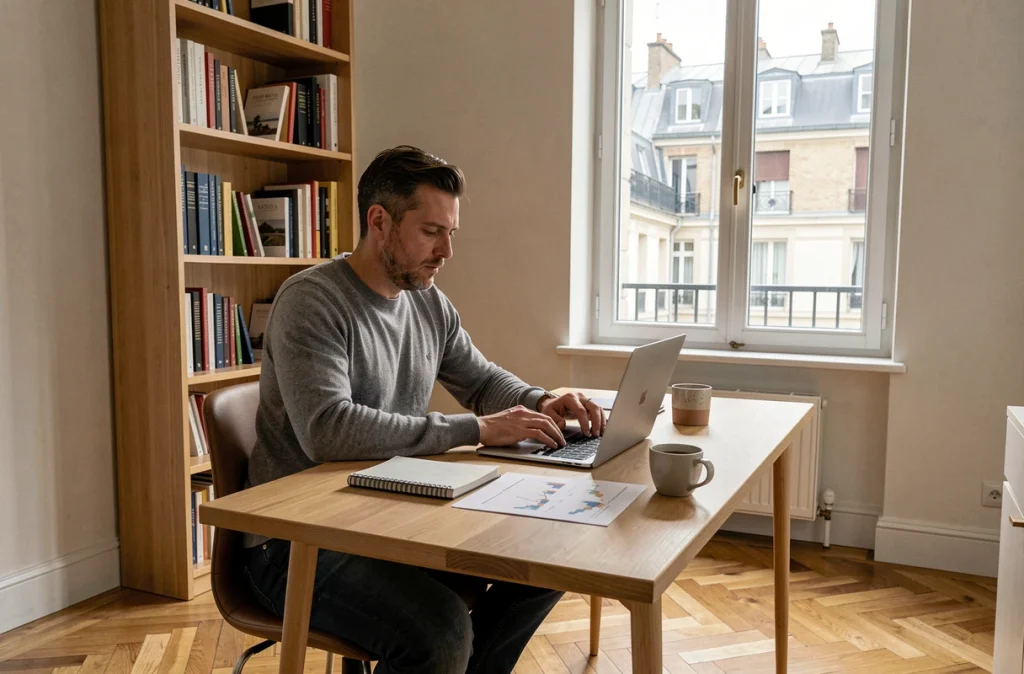 Entrepreneur français travaillant sur son business plan depuis son bureau à domicile à Paris