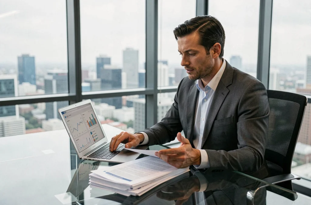 Homme d'affaires entrepreneur analysant des données stratégiques dans une salle de réunion moderne avec vue sur la ville