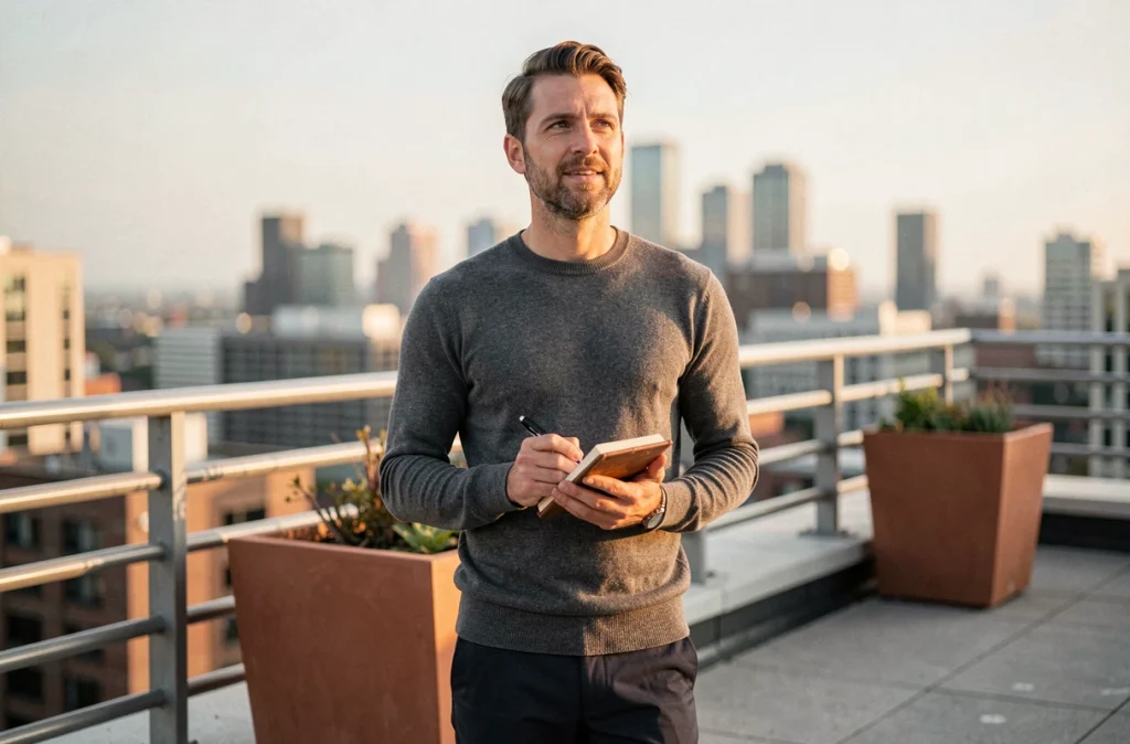 Entrepreneur inspirant sur une terrasse urbaine avec carnet de notes, regard contemplatif et ambiance éditoriale authentique