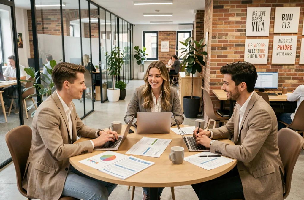 Équipe de jeunes entrepreneurs français en session de brainstorming dans un incubateur de startups