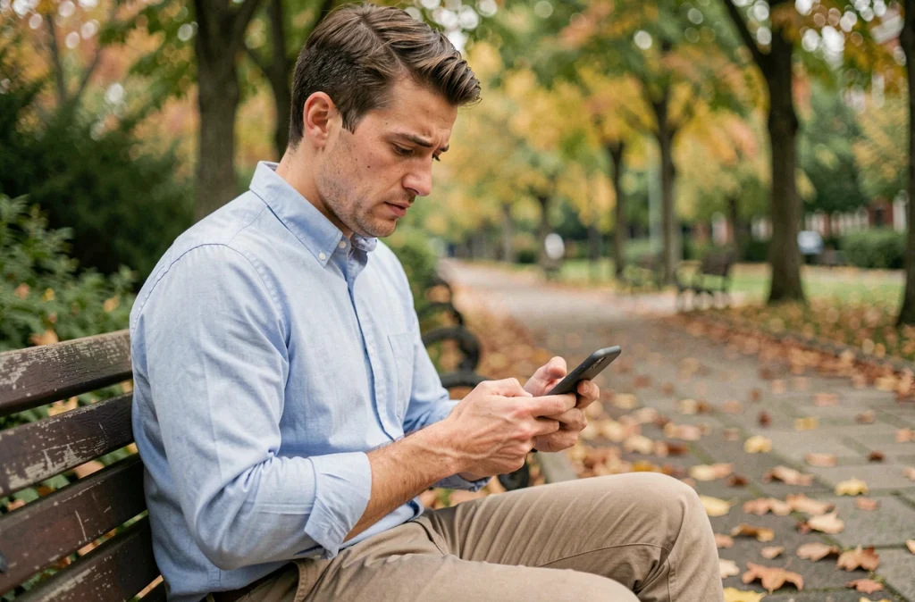 Homme envoyant un message d'excuse sur smartphone pour expliquer son absence à un mariage, assis sur un banc dans un parc en automne