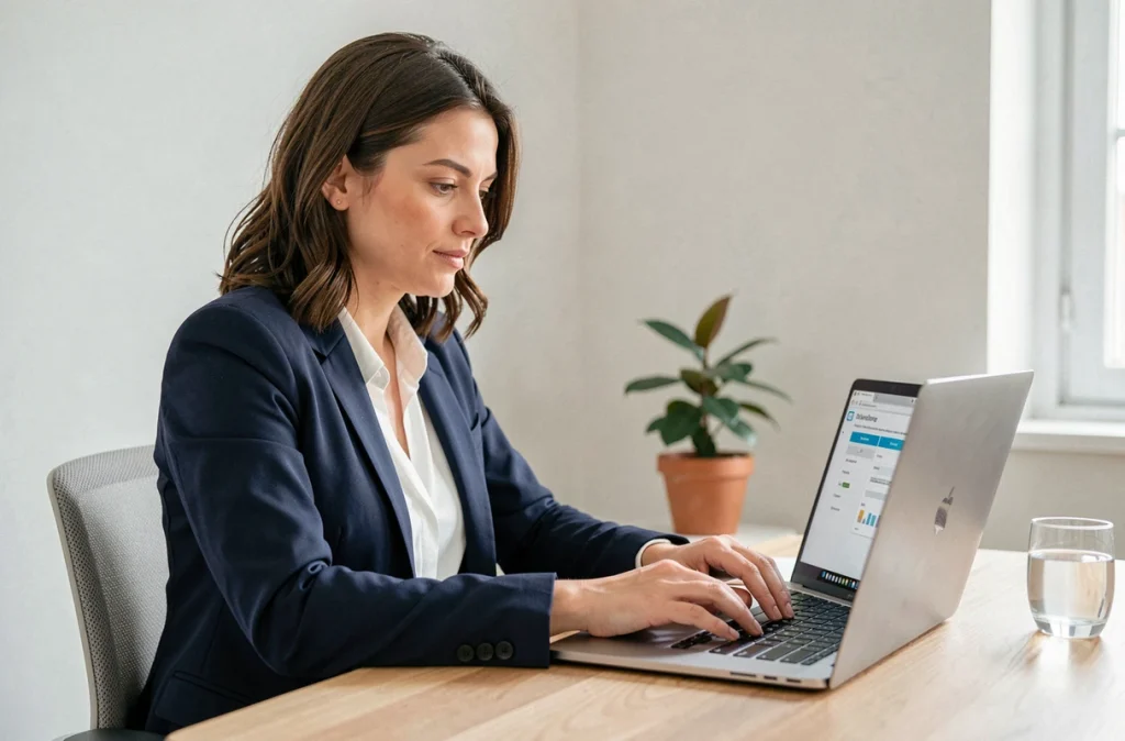 Femme consultant une application bancaire en ligne sur un ordinateur portable pour choisir un crédit rapide à l'étranger
