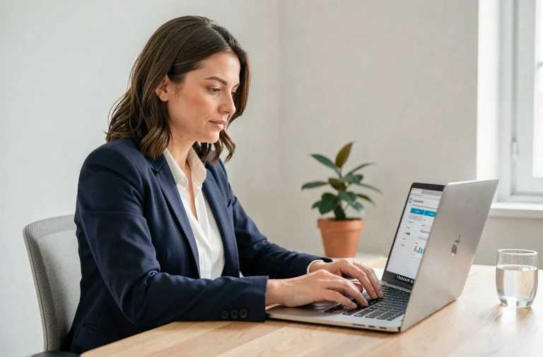 Femme consultant une application bancaire en ligne sur un ordinateur portable pour choisir un crédit rapide à l'étranger