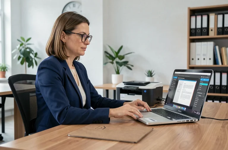 Femme professionnelle utilisant le logiciel Epsilon Scan Soft sur un ordinateur connecté à un scanner de documents dans un bureau moderne