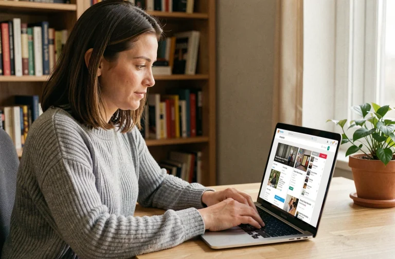 Femme consultant des articles sur un site web depuis son bureau à domicile