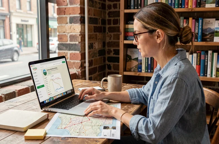 Femme consultant un plan de site de voyage sur son ordinateur portable avec une carte papier et des notes de voyage sur son bureau en bois