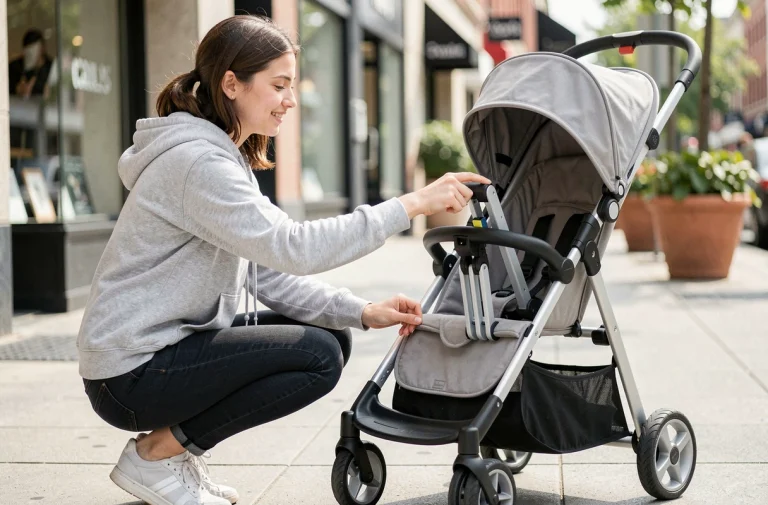 Jeune femme pliant une poussette compacte sur un trottoir urbain en appuyant sur le mécanisme de pliage