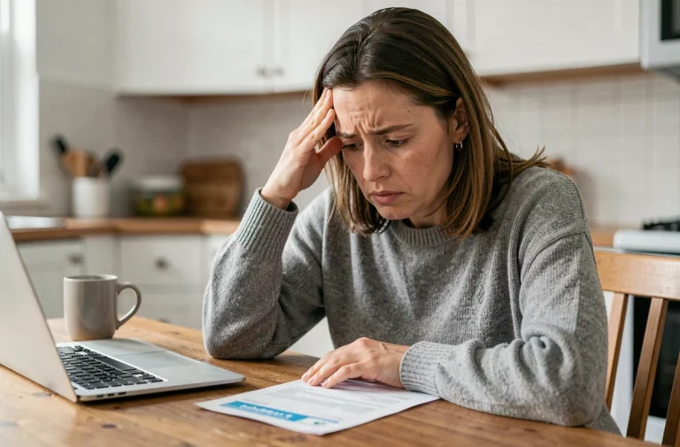 Femme consultant un relevé bancaire avec une expression préoccupée, découvrant un prélèvement indésirable Digital Global Pass