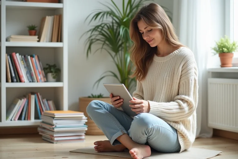 Femme lisant des magazines numériques gratuits sur une tablette dans un bureau à domicile