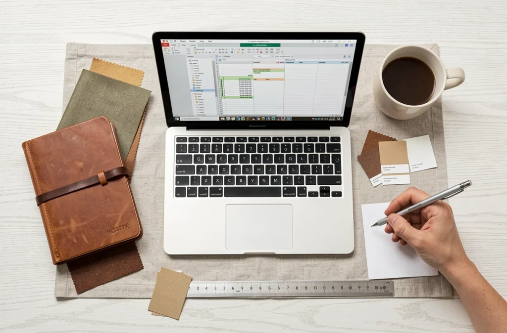 Vue de dessus d'un bureau avec ordinateur portable, nuanciers, carnet et tissus pour planifier un budget de décoration intérieure sur mesure