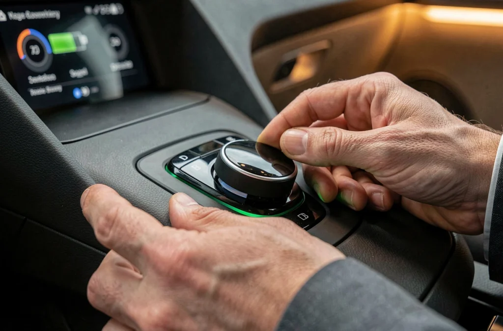 Gros plan sur le sélecteur de mode de conduite B et D d'une voiture électrique moderne avec affichage de récupération d'énergie au freinage