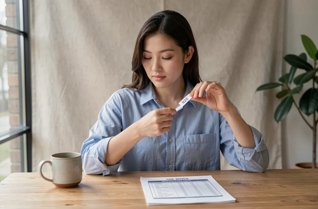 Femme consultant un guide des tailles Uniqlo pour choisir la bonne taille de chemise
