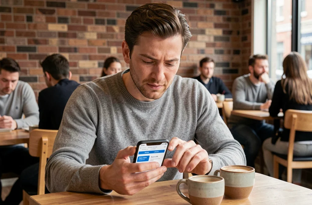 Homme comparant des banques étrangères en ligne sur son smartphone dans un café pour obtenir un crédit sans tracas