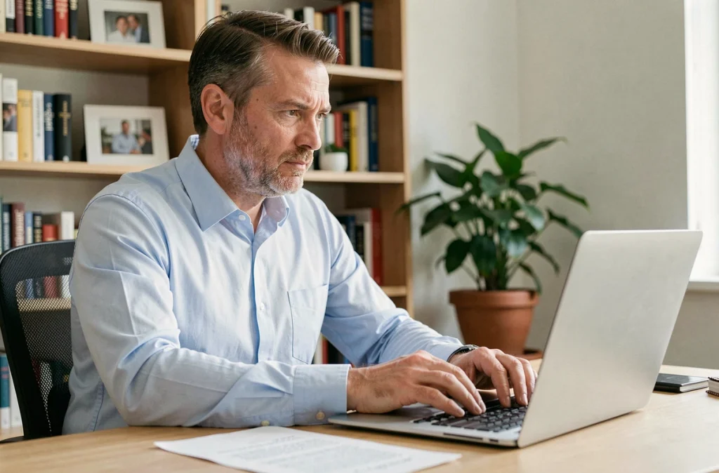 Homme rédigeant une demande de remboursement en ligne pour annuler un abonnement Digital Global Pass non désiré