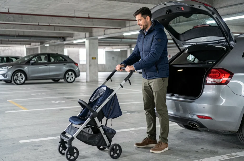 Homme dépliant une poussette Trottine dans un parking à côté d'un coffre de voiture ouvert