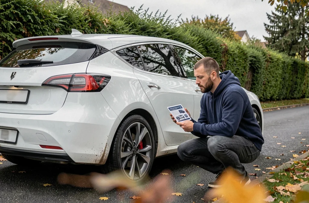 Homme examinant les modes de freinage régénératif B et D d'une voiture électrique blanche garée dans une rue résidentielle en automne