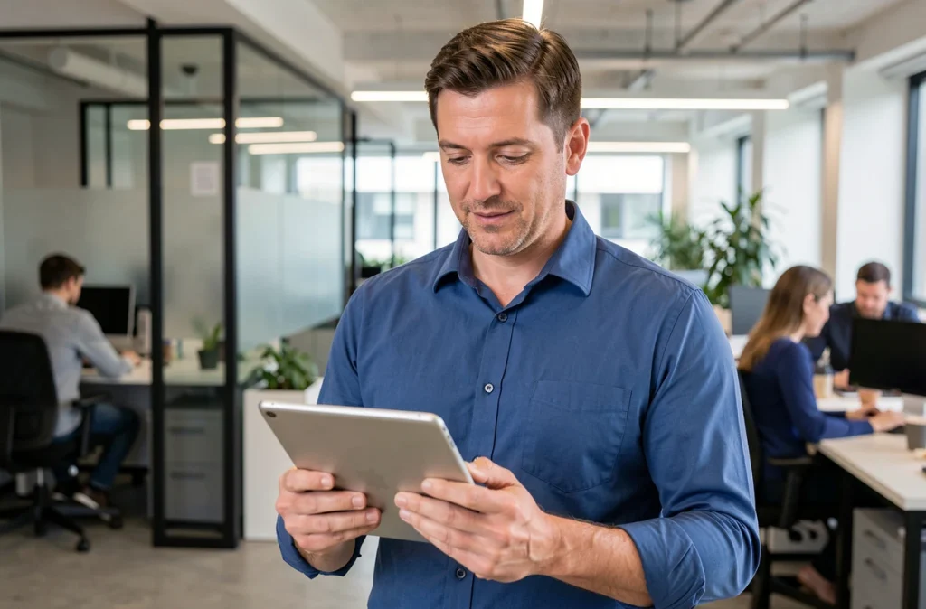 Homme lisant des articles web sur une tablette dans un environnement de bureau professionnel