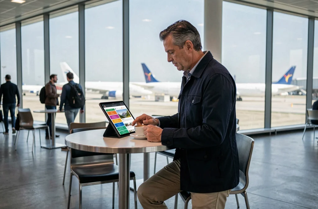 Homme debout dans un café d'aéroport consultant le plan de navigation d'un site de voyage sur une tablette avant son départ