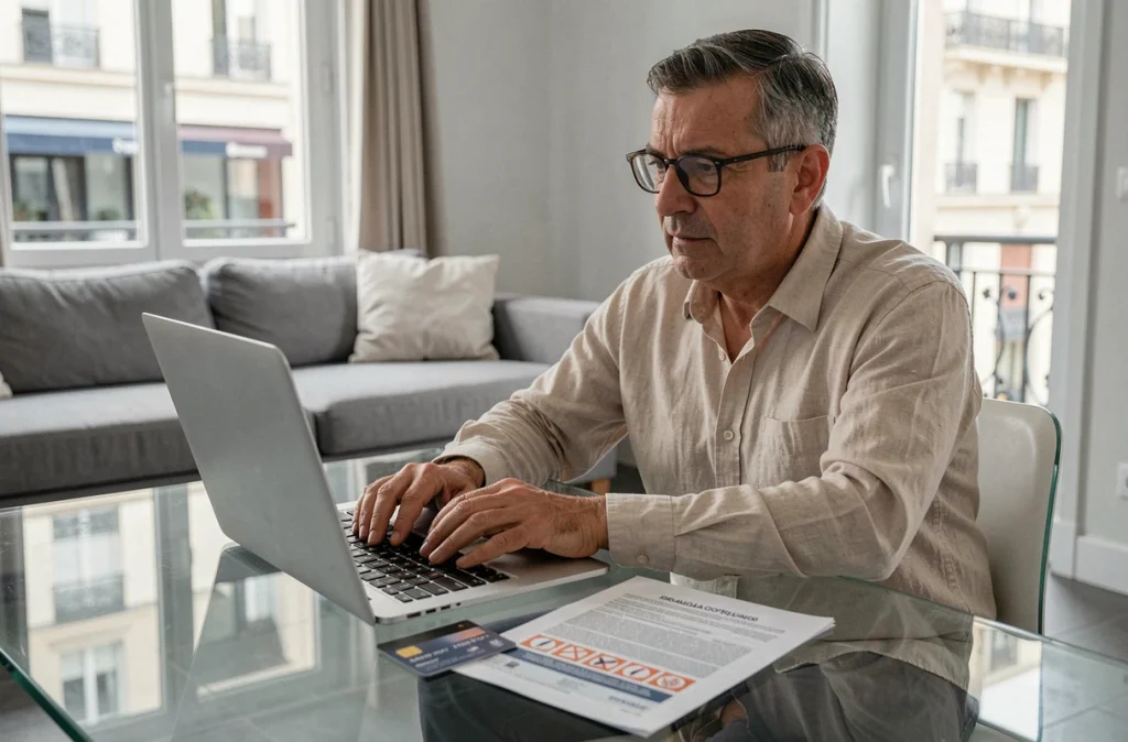 Homme consultant un procès-verbal de vitesse espagnol et sa carte bancaire pour régler une amende DGT en ligne