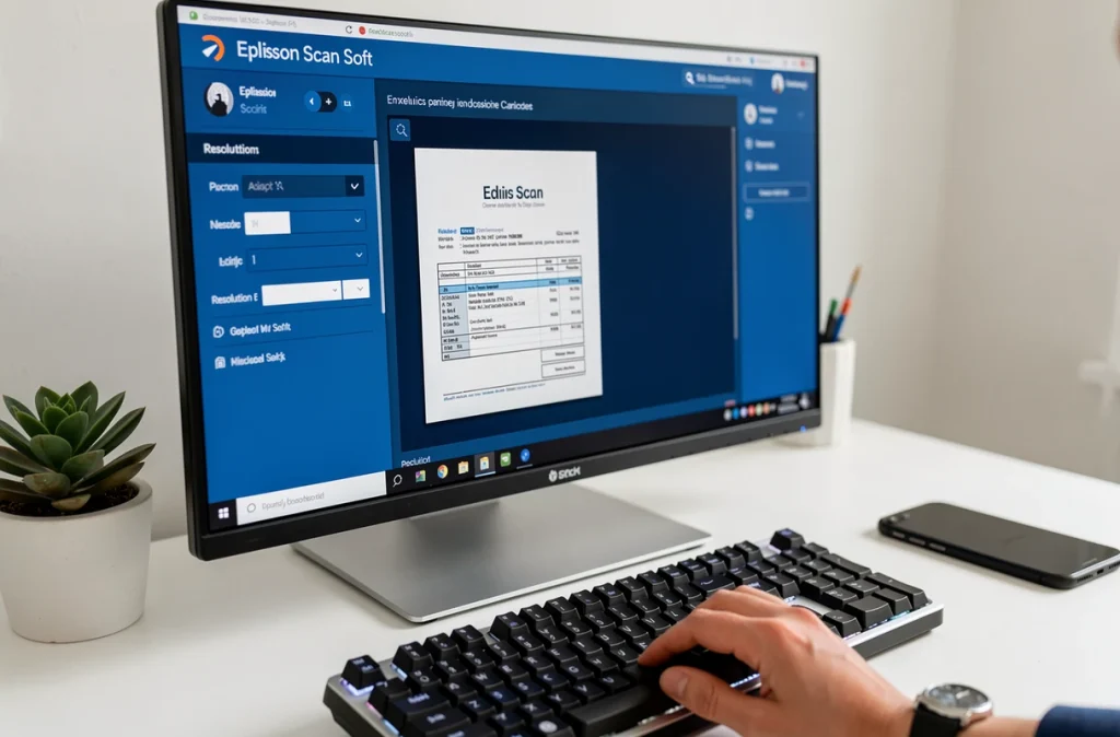 Gros plan sur l'interface du logiciel Epsilon Scan Soft affichée sur un écran d'ordinateur avec aperçu d'un document numérisé et paramètres de numérisation visibles