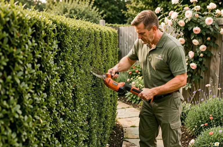 Jardinier professionnel taillant une haie de buis dans un jardin entretenu avec soin