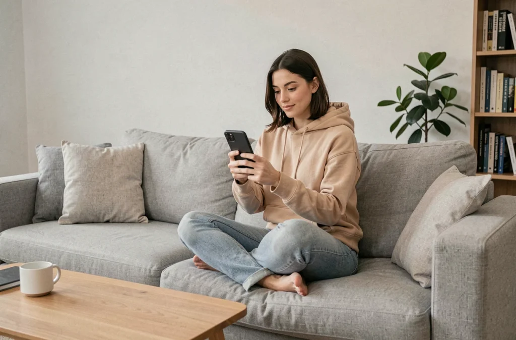 Jeune femme parcourant des articles sur son smartphone depuis son salon