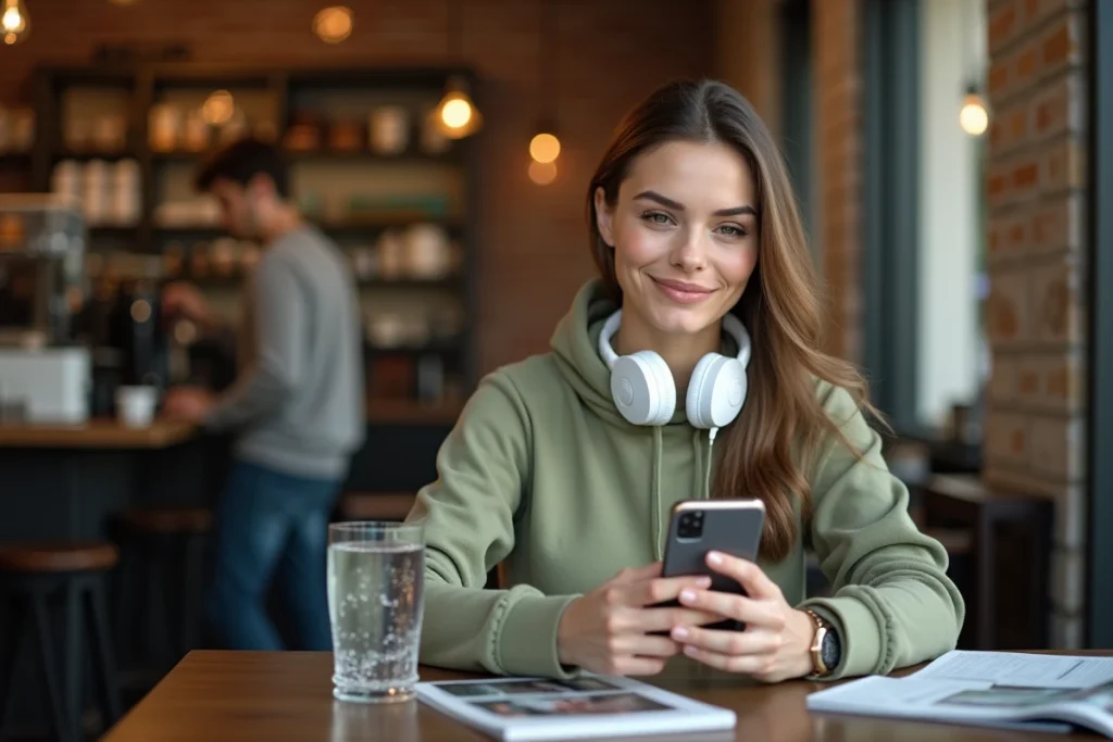 Jeune femme consultant une application de magazines gratuits sur smartphone dans un café