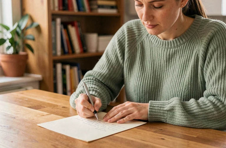 Femme écrivant une lettre d'excuses manuscrite pour un mariage auquel elle ne peut pas assister, assise à une table en bois dans un intérieur cosy