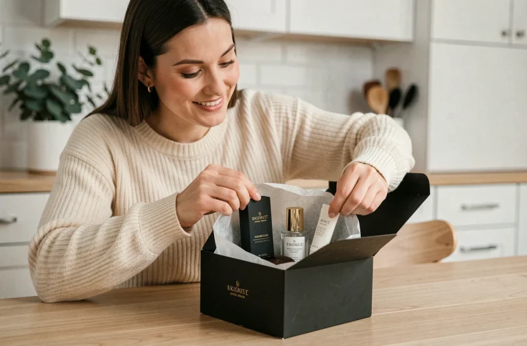 Femme ouvrant un colis Space NK livré à domicile avec des produits de beauté de luxe