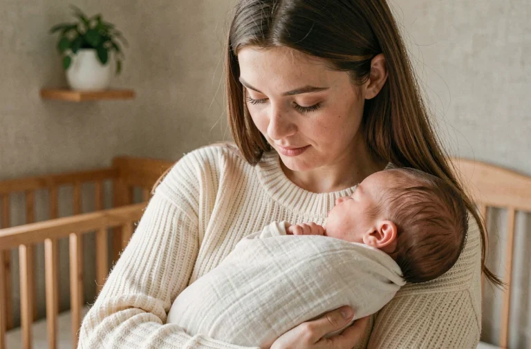 Jeune maman tenant tendrement son nouveau-né emmailloté dans une chambre de bébé cosy et chaleureuse