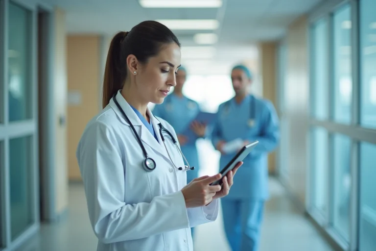Médecin femme consultant des données de santé numériques sur tablette dans un couloir d'hôpital moderne