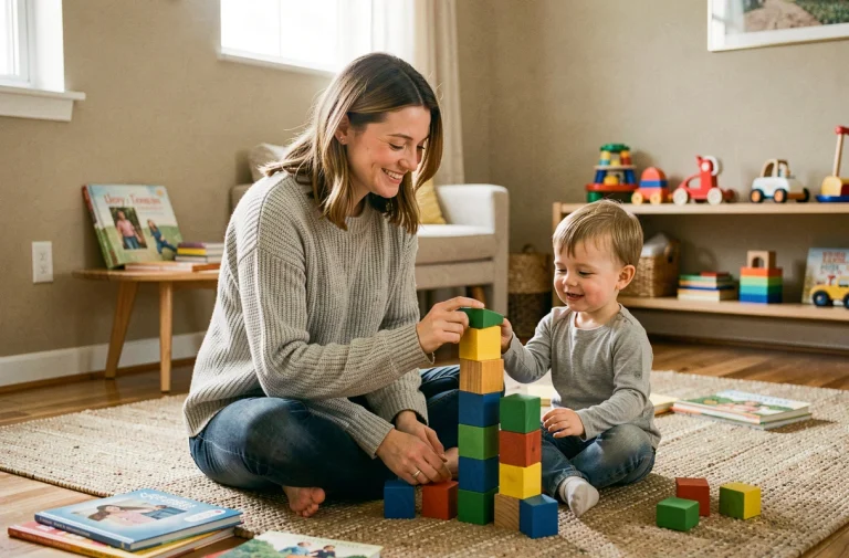 Mère bienveillante assise sur le sol avec son jeune enfant jouant avec des cubes en bois dans un salon chaleureux