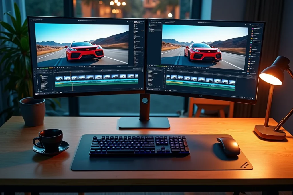 Bureau de montage vidéo professionnel pour une chaîne YouTube automobile avec double écran et tablette graphique
