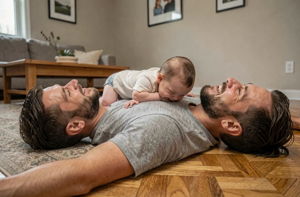 Papa allongé sur le sol jouant avec son bébé de trois mois dans un salon familial authentique