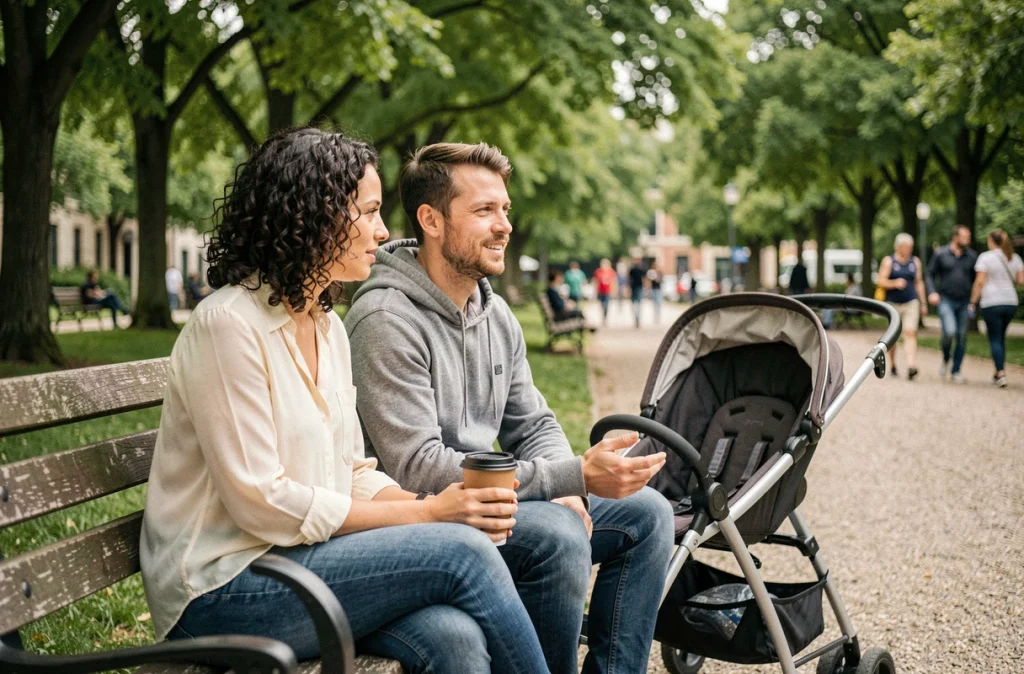 Deux parents assis sur un banc de parc échangeant des conseils bienveillants dans une atmosphère sereine et quotidienne