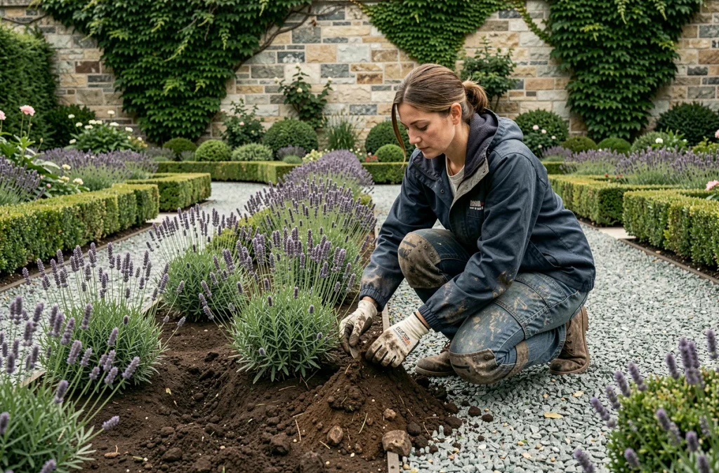 Paysagiste professionnelle plantant de la lavande dans un parterre de jardin soigné