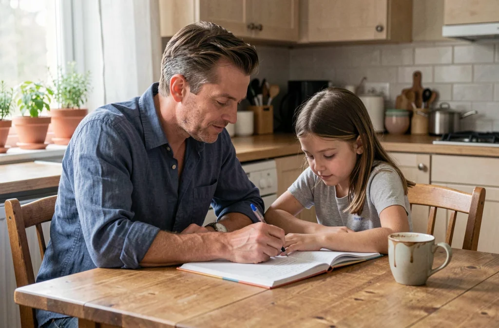 Père aidant sa fille à faire ses devoirs à la table de cuisine familiale avec une ambiance douce et détendue