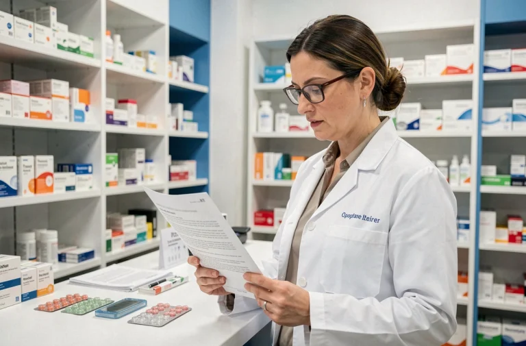 Pharmacienne en blouse blanche consultant un document sur les dernières mises à jour pharmaceutiques derrière un comptoir de pharmacie moderne
