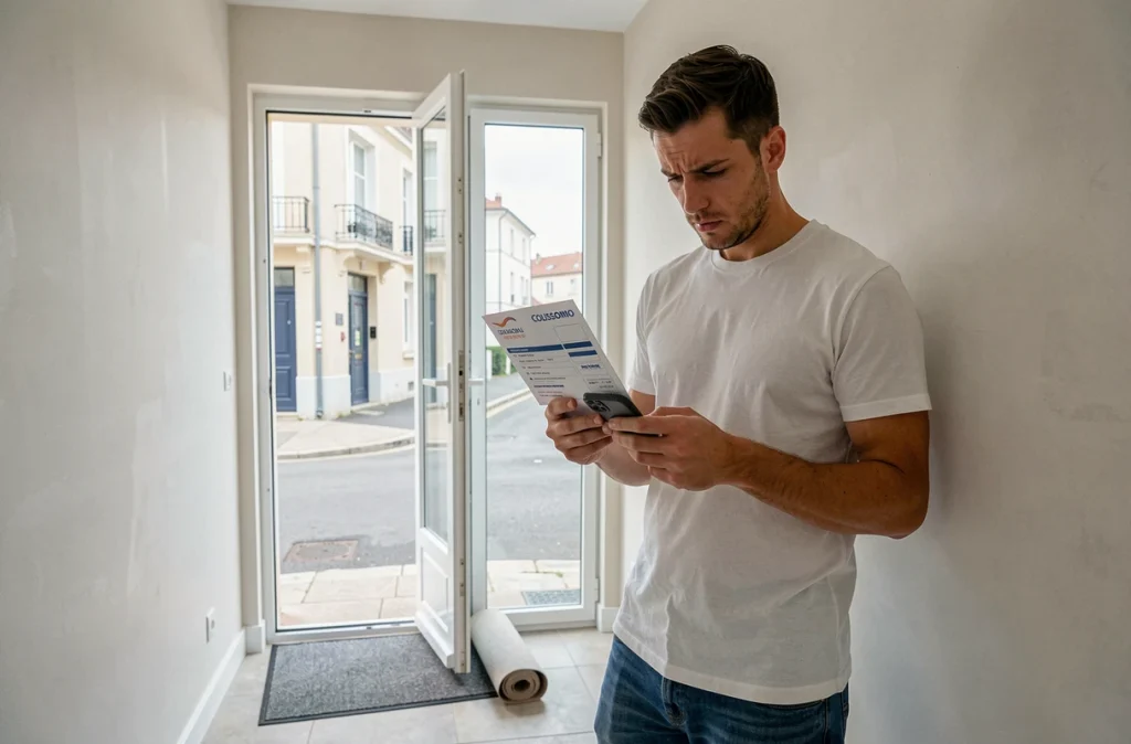 Homme consultant son smartphone pour modifier une adresse de livraison Colissimo en tenant un avis de passage devant sa nouvelle porte d'entrée