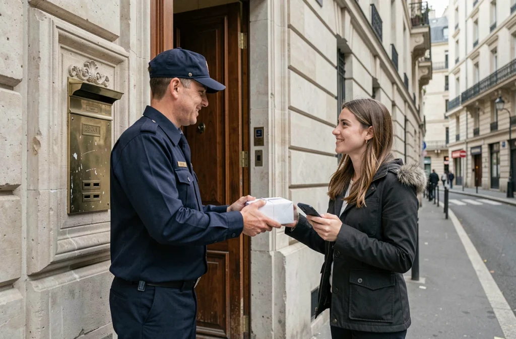 Livraison d'un colis Space NK à la porte d'un immeuble parisien style haussmannien